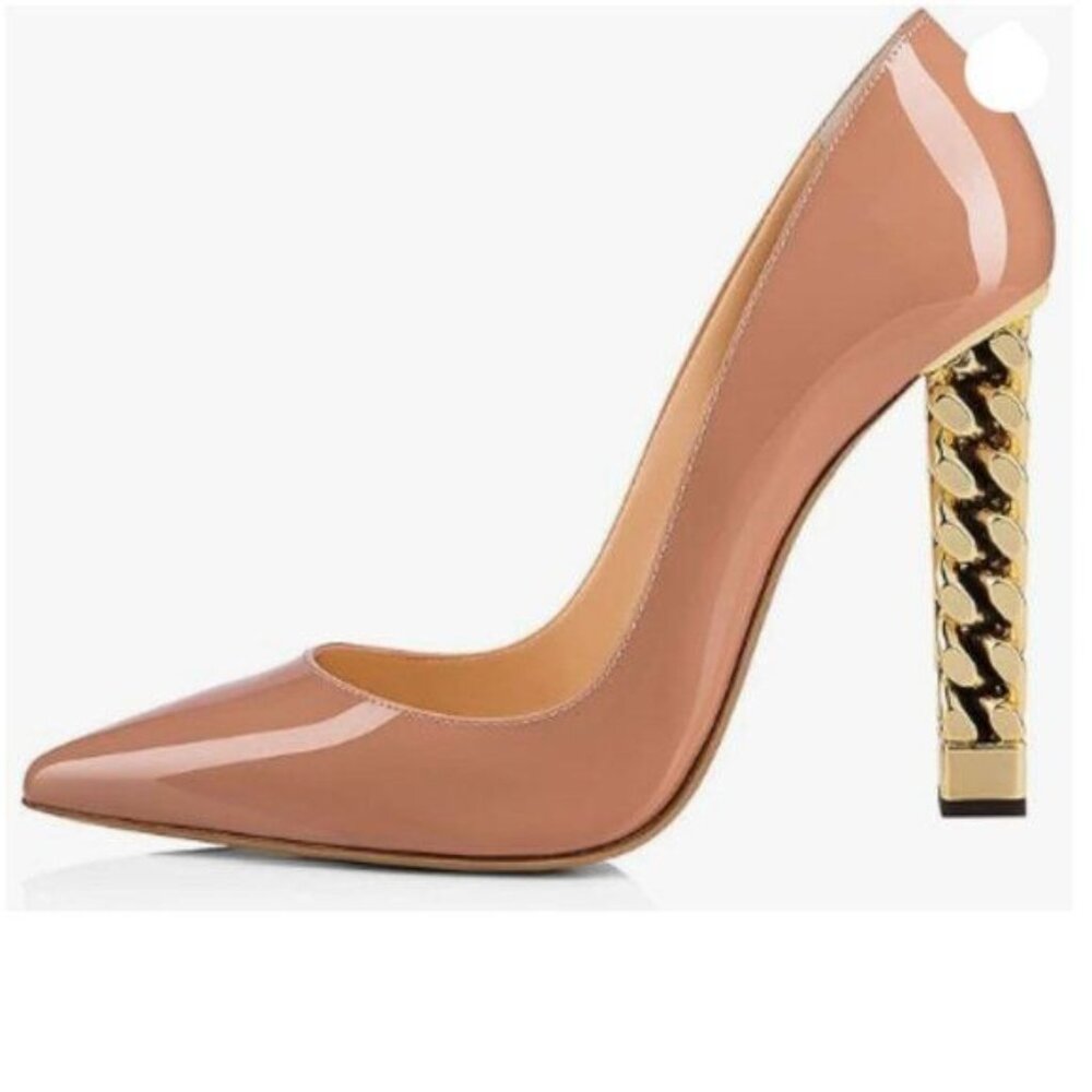 Nude Metal Chain Chunky High Heel Pointed Toe Slip On Party Prom Pumps Shoes